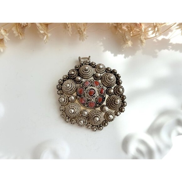 Israeli Made Coral Filigree Beaded Sterling Silver 935 Vintage Pendant - Picture 2 of 10
